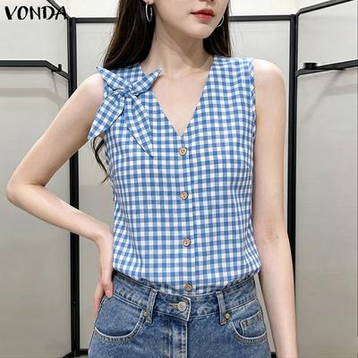 Canottiere Casual da Donna Estive a V Scollo Senza Maniche a Quadri con Fiocco