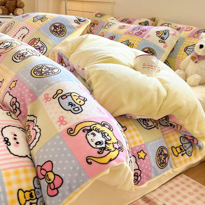 Thickened Milk Fleece Four-Piece Set, Coral Fleece Bed Sheet Quilt Cover, Fleece Three-Piece Set, Bedding.