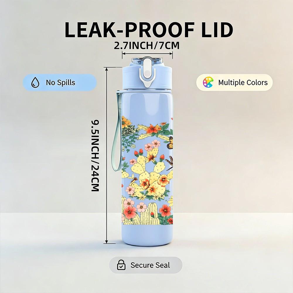 1PC Vintage Mixed Floral Garden Bouquet Print 750ml Color Plastic Sports Water Bottle Leakproof Flip Straw Lid Suitable for Sports Office Home Use