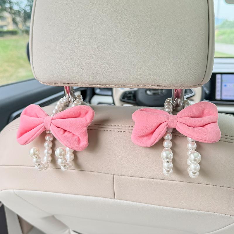 2pcs Car Rear Seat Hook White Pearl Cute Bow Hanger Hook Closed Design Auto Hook Stainless Steel Headrest Hooks Car Accessorie