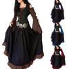 Medieval Court-Inspired One-Shoulder Lace-Up Swing Dress with Bell Sleeves
