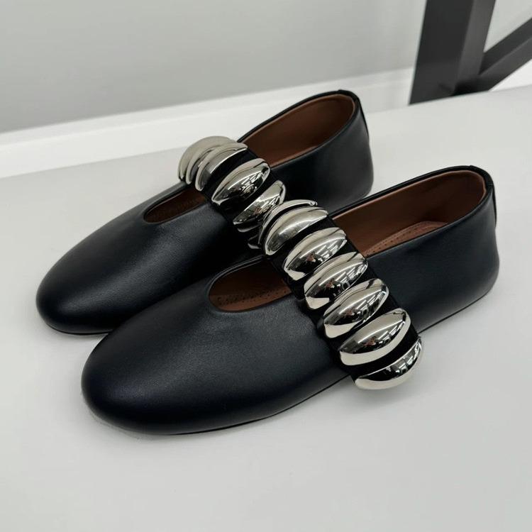 Leather Round Head Metal One-word Buckle Flat-soled Single Shoes Women's Spring Mary Jane Ballet Shoes Round Head Shallow Mouth Grandma Shoes