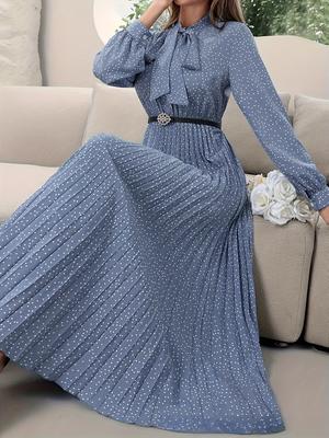 Women's Long Sleeve Polka Dot Pleated Dress, New Arrivals