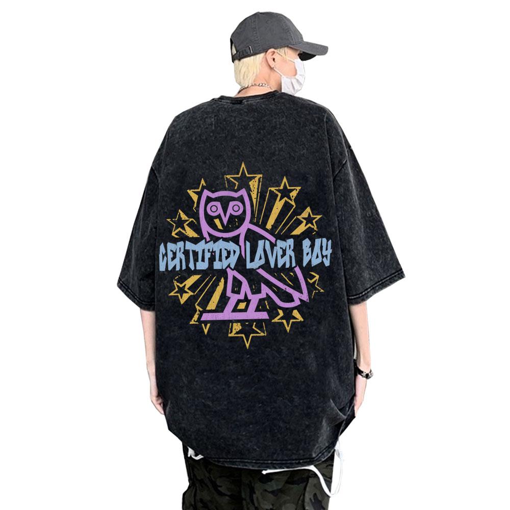 Washed Vintage Rapper Drake Certified Lover Boy T-shirt Men Women Clothing Hip Hop Fashion Oversized Short Sleeve T Shirt Unisex