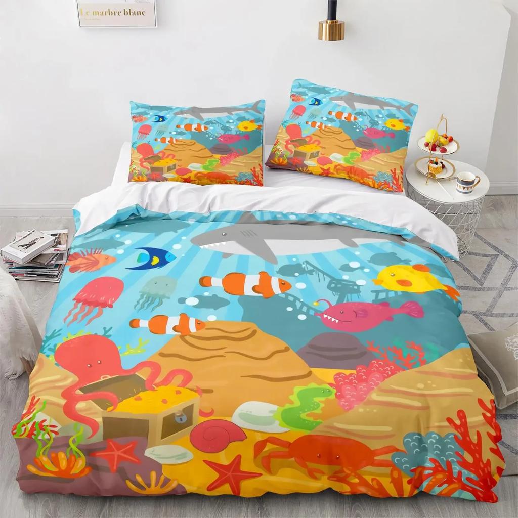Cartoon Octopus Bedding Set KingQueen Size,Ocean Underwater World Duvet Cover Kids Sea Coral Fish Polyester Quilt Cover