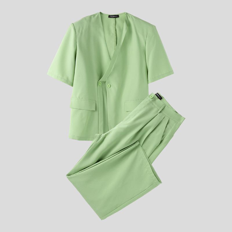 

INCERUN Two Pieces Outfits Men V Neck Short Sleeve Shirt Long Straight Pants Oversized Sets 5XL зелёный