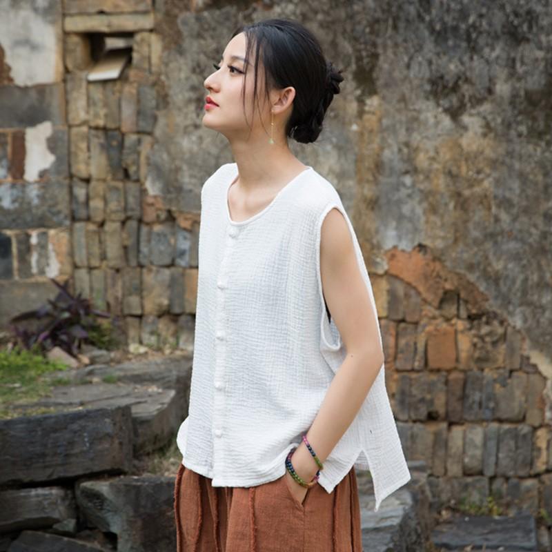 

Johnature Women Vintage Tops O-Neck Sleeveless Button Solid Color Cloths Summer Loose Tanks One Size белый