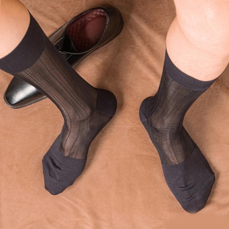 Mens Business Soft Breathable Nylon Sheer Dress Socks Thin See Through Silk Ribs Striped Calf Socks for Formal Use