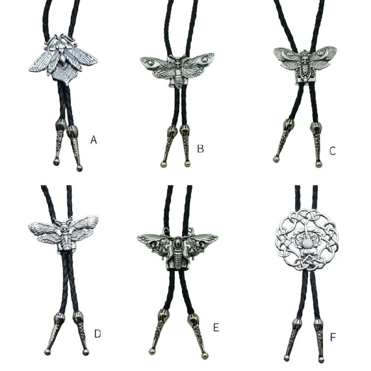 Mens Women American Bolo Tie Western Cowboy Metal Skull Moths Pendant Necklace
