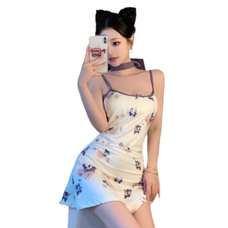 Fun Print Suspender Nightdress Chest Pad Women's Summer Sleeveless Tight Short Skirt Pure Desire Hot Girl Sexy Waist Hip Skirt