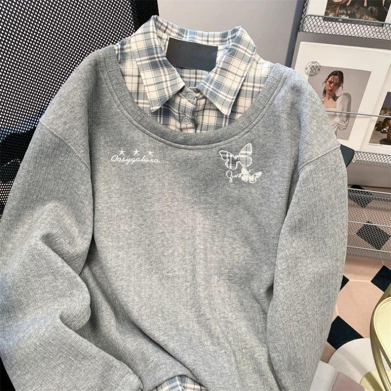 Kariertes besticktes Damenhemd Fake Zwei Schmetterling Langarmshirts Herbst Locker Damen Modisches Freizeit-Top