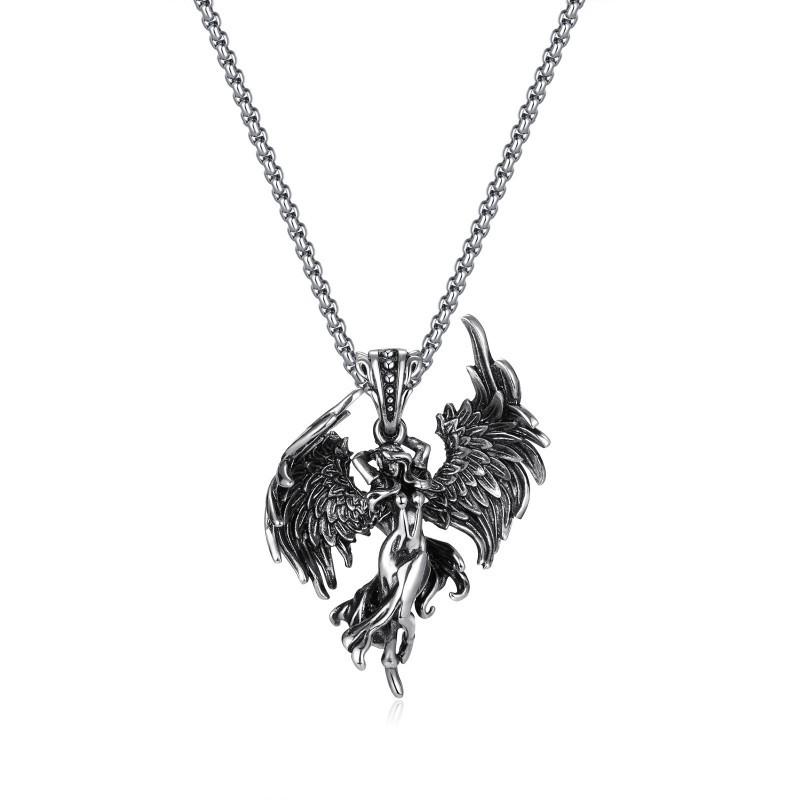 Hot Selling Design Guardian Angel Titanium Steel Pendant Stainless Retro Wing Necklace