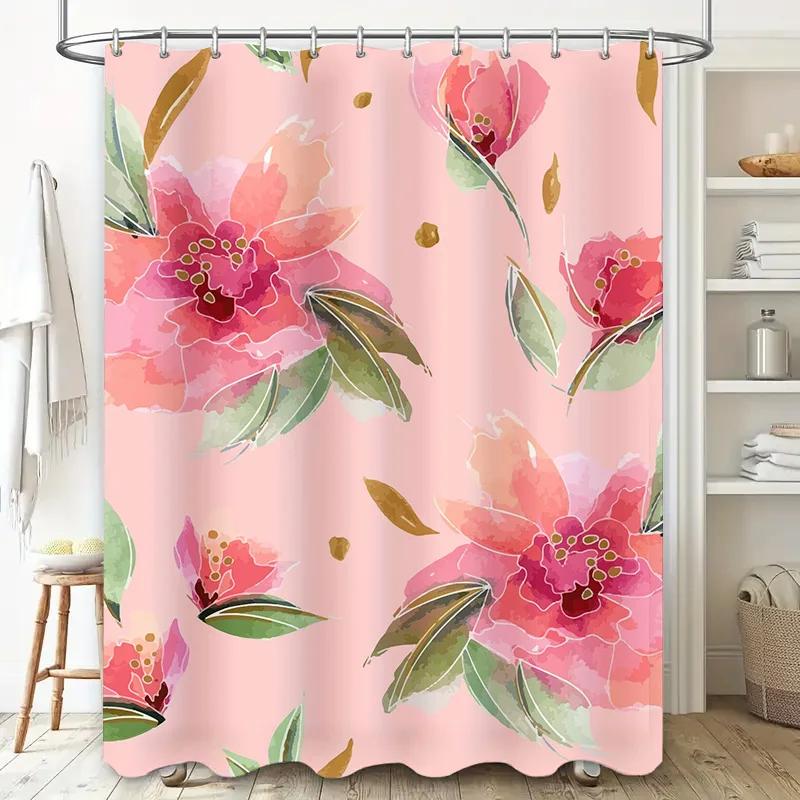 Soft Breathable Peach Floral Shower Curtain For Bathroom Decor With Green Leaves Pink Flower Fabric Waterproof Washable Bath Lin