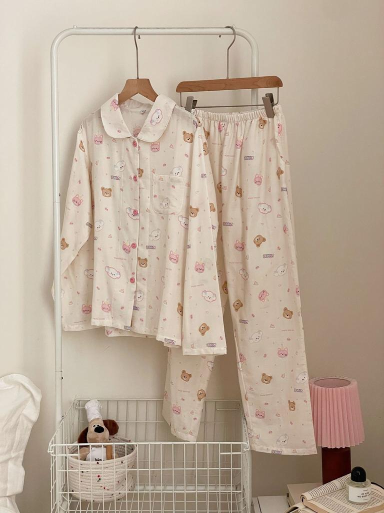 11 pajamas loungewear small lapel women's simple cotton double-layer yarn pajamas bear zai breathable loungewear