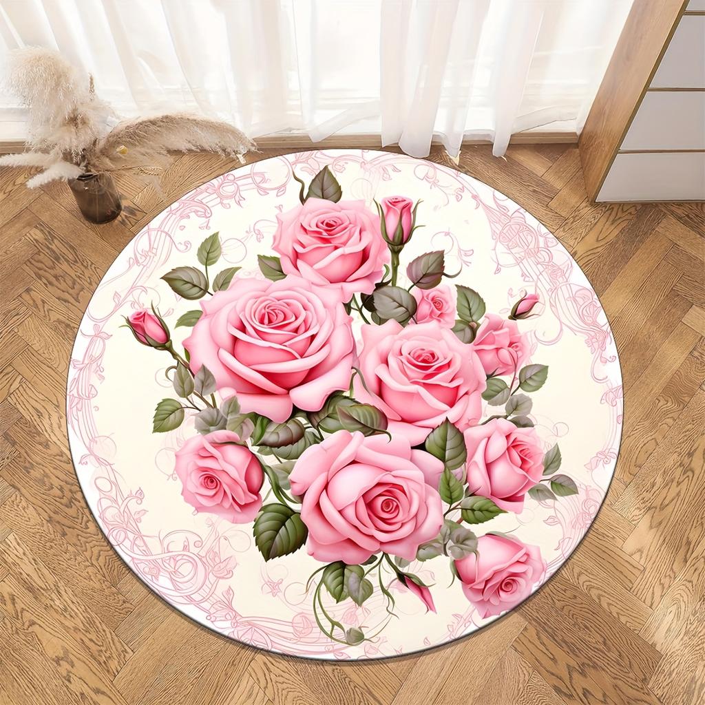 Modern Botanical Flower Round Carpet Soft Non-Slip Decorative Doormat Machine Washable Floor Rug for Kitchen Bathroom Office