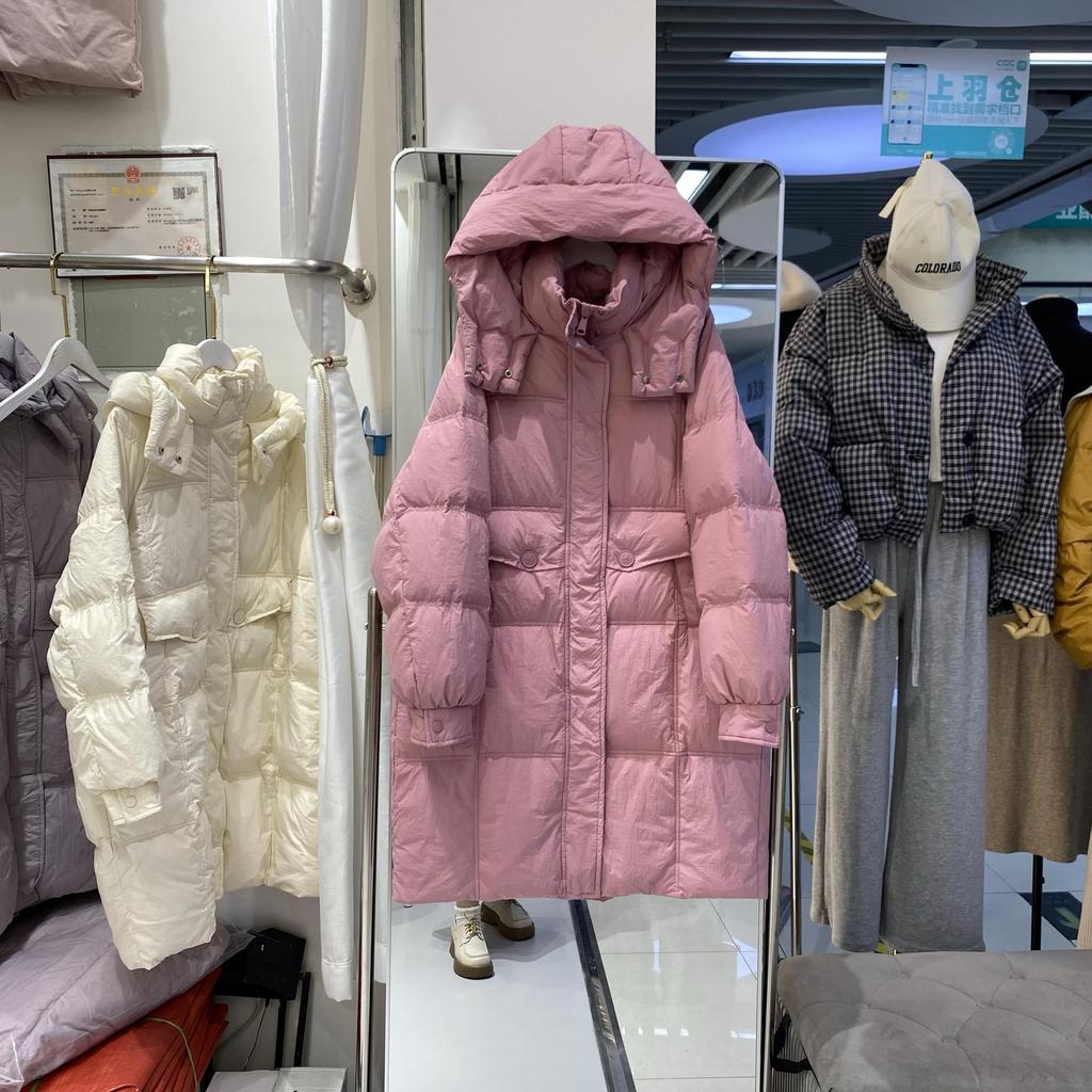 New Down Jacket Women's Medium and Long Hooded Thickened Loose Simple White Duck Down Versatile Jacket Tide