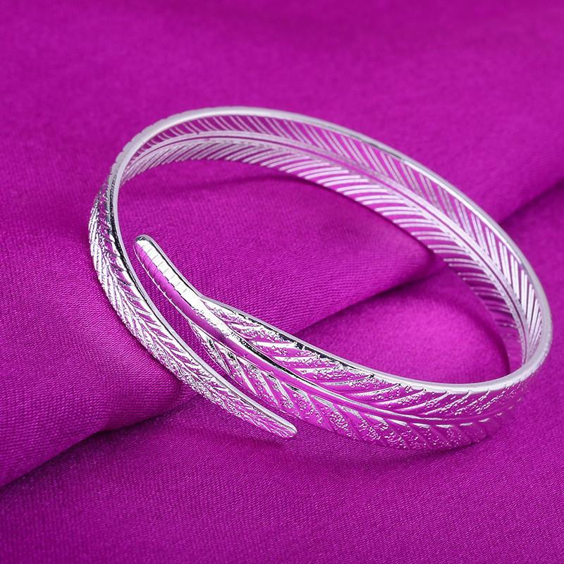 Women Bracelets Sterling Silver Feather Jewelry Accessories Girl Kids Gifts