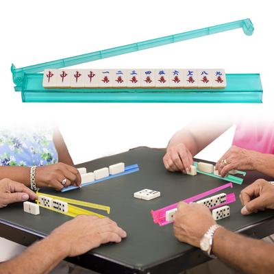 4 szt. przezroczysty akrylowy stojak na kafelki do Mahjonga z wbudowanym popychaczem Stojak na kafelki 4-kolorowy stojak na Mahjonga i popychacz Combo na wieczory gier Kluby