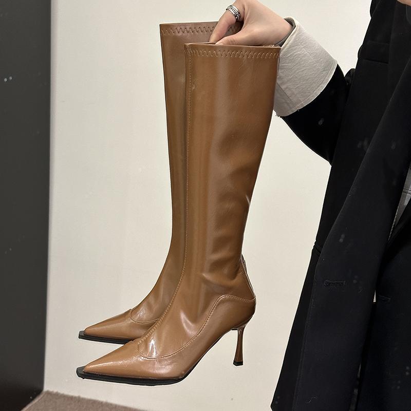 

Модные винтажные женские ботфорты на высоком каблуке с острым носком, осенне-зимние, женская обувь, женский уличный стиль, облегающие длинные ботильоны 35 коричневый