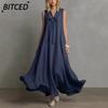 Fashion Summer Spring Solid Color Print Sleeveless V-Neck Casual Dresses