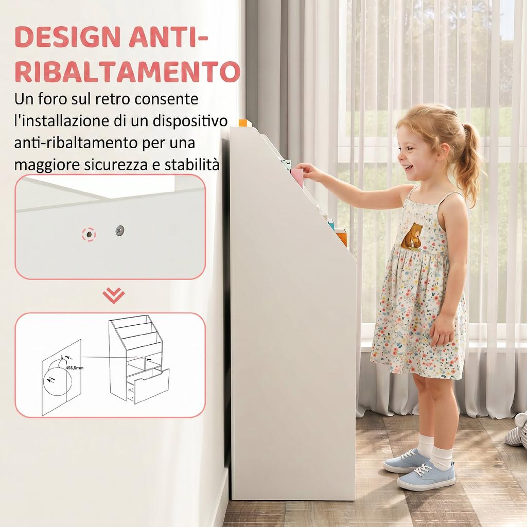 Small Children's Bookcase with Shelves and Drawer In MDF, 60x29.9x90cm, White
