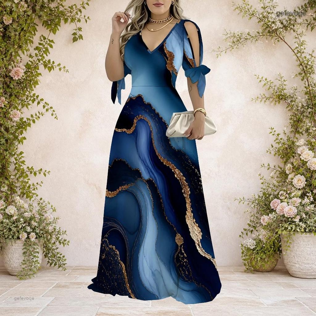 Women Plus Size Cold Shoulder V Neck Tie Cuff Short Sleeve Swirl Printed A Line Long Dress