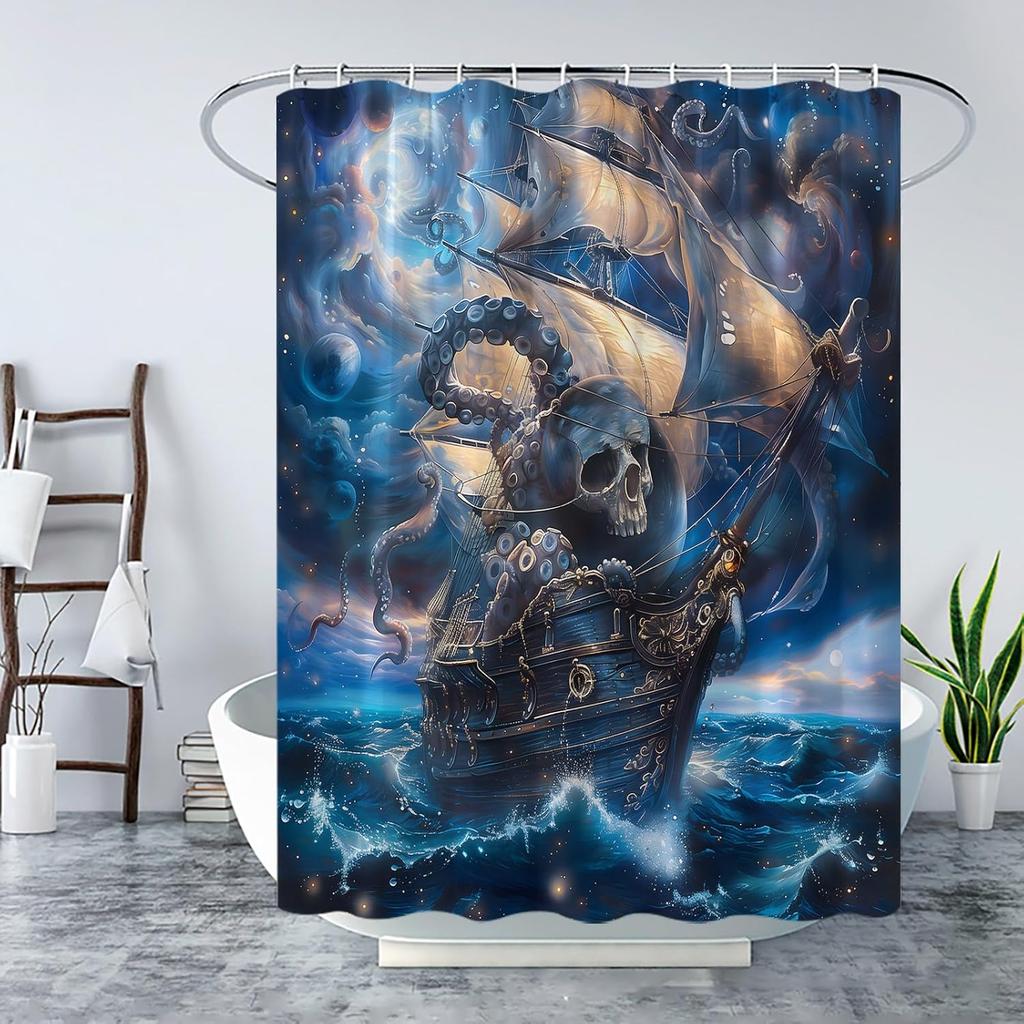 Octopus Skull Shower Curtain Marine Vintage Nautical Pirate Ship Great Wave Kraken Skeleton Horror Halloween Blue Ocean Night Sea Animal Fabric Bath