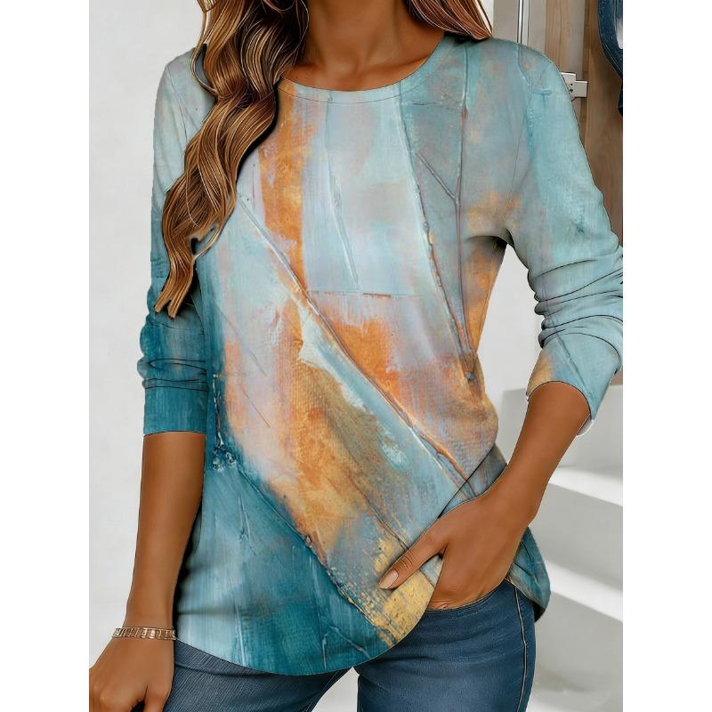 Women's Abstract Watercolor Print Long-sleeved Loose Round Neck Top, Casual Everyday Street Style with Elegant Design.
