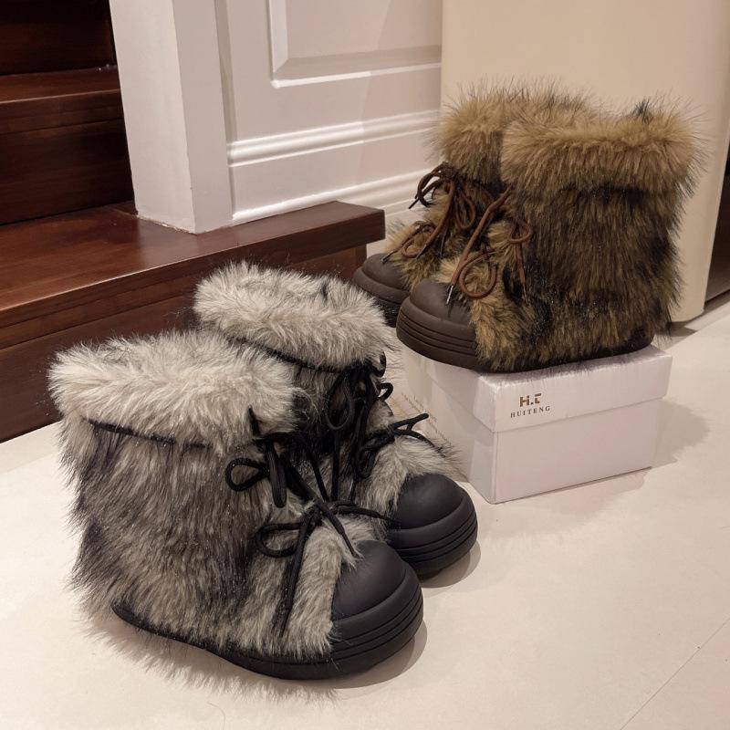 Retro Furry Big-Head Women's Snow Boots: 2025 Winter, Warm, Cold-Resistant, Thick-Soled, Fashionable, Popular
