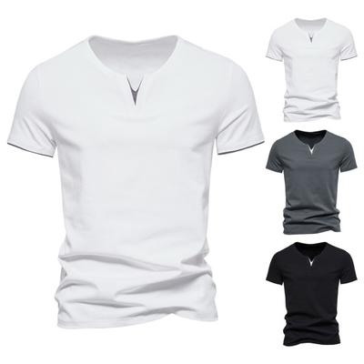 Herren-Sommer-Top, V-Ausschnitt, kurze Ärmel, einfarbig, weich, atmungsaktiv, elastisch, zweiteilig, Übergröße, mittellang, lässiges T-Shirt