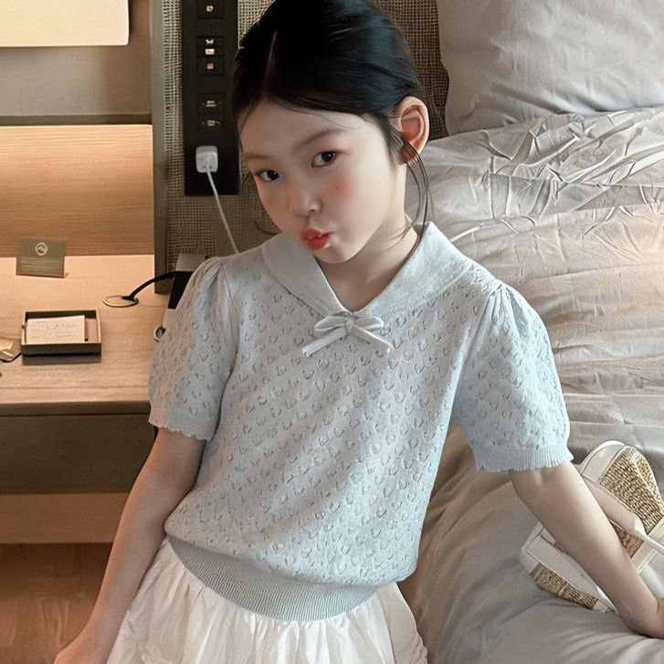 Girls Summer Sweet Bow Hollow Knit Polo Short Sleeve T Shirt
