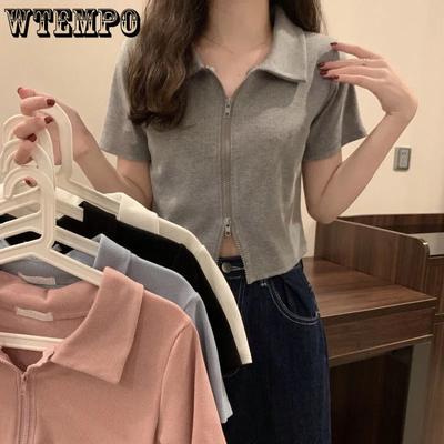 Women Double Zipper T-Shirts Girl Short Sleeve Summer Polo Collar Solid Shirts Casual Slim Cropped Tops Knitwear