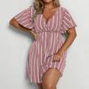 Bohemian Striped Casual Dress for Plus Size Women V Neck Short Sleeve Loose Waist