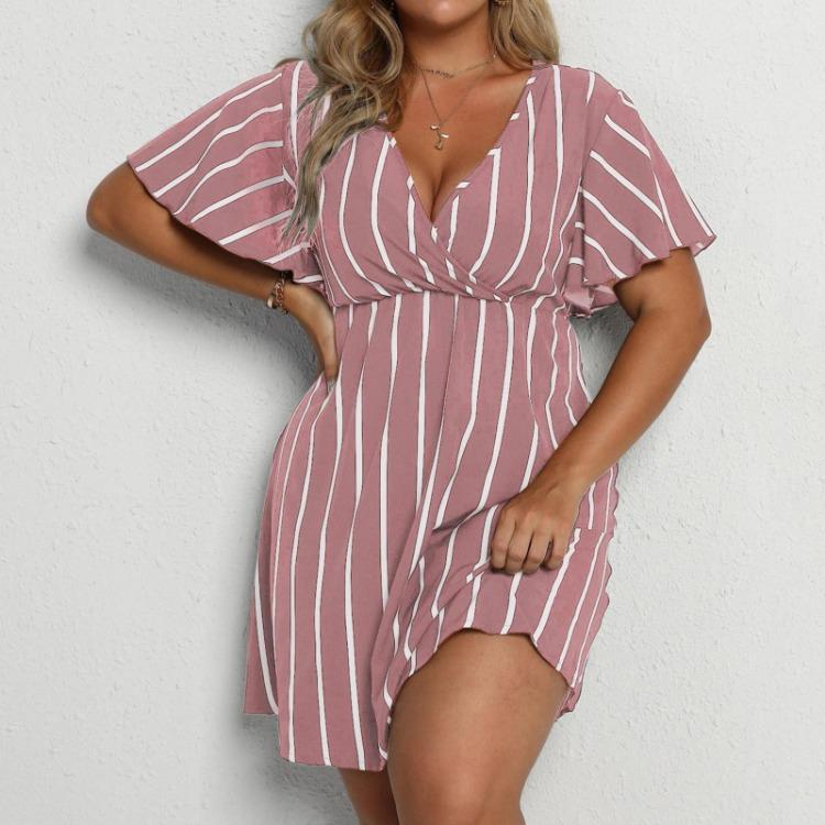 Bohemian Striped Casual Dress for Plus Size Women V Neck Short Sleeve Loose Waist