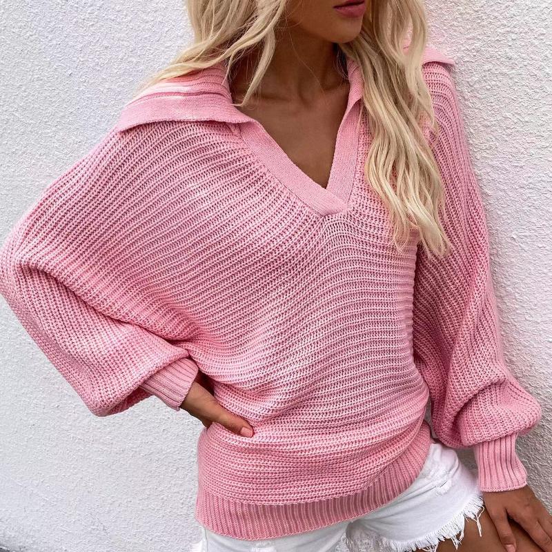 IHUASU Podzimní a zimní rukáv Volný Jednobarevný Svetr s dlouhým rukávem Dámský svetr s výstřihem do V