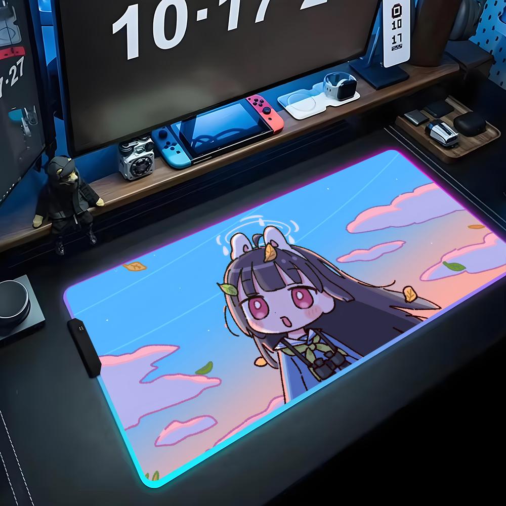 miyu blue archive Mouse Pad RGB Gaming Mousepad Big LED Pad PC Desk Mat Luminous Mouse Pad Large Keyboard Mats Table Rug With