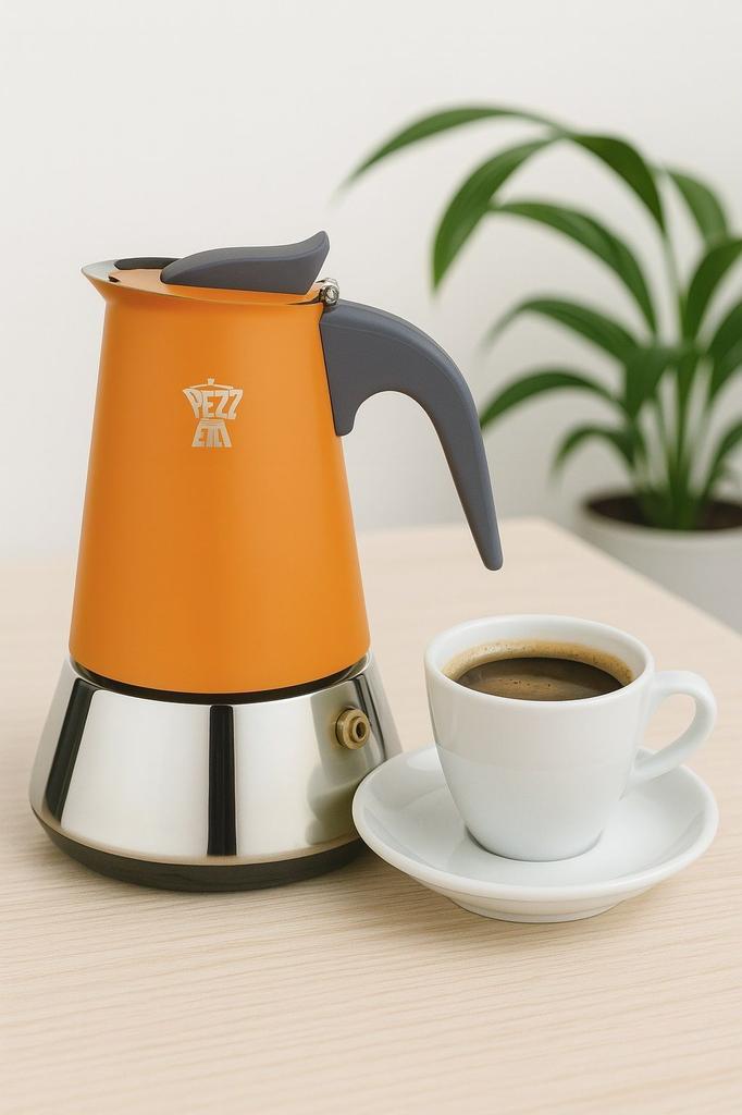 Caffettiera italiana - PEZZETTI - STEELEXPRESS - Acciaio inossidabile - 2 tazze 85 ml - Tutti i fuochi incluso induzione - Arancione