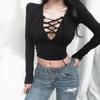 Women's Spring V-Neck Tie-Up Hollow Out Slim Fit Long Sleeve Crop Top