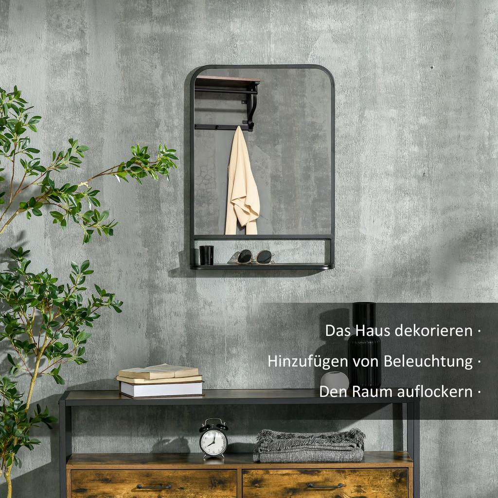 Wall Mirror with Metal Frame, Rounded Edges, 1 Shelf, 70 Cm X 10.2 Cm X 50 Cm, Black + Silver