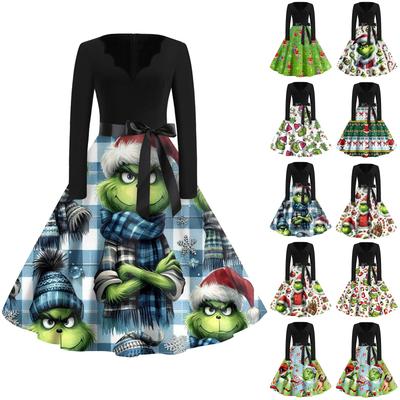 Damenmode V-Ausschnitt Lässig Slim-fit Weihnachts-Print Langarmkleid