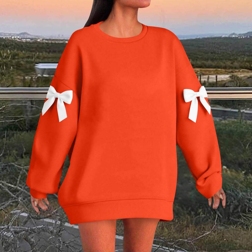 Women's Solid Color Bow Round Neck Long Sleeved Loose Pullover Sweater Sweatshirt