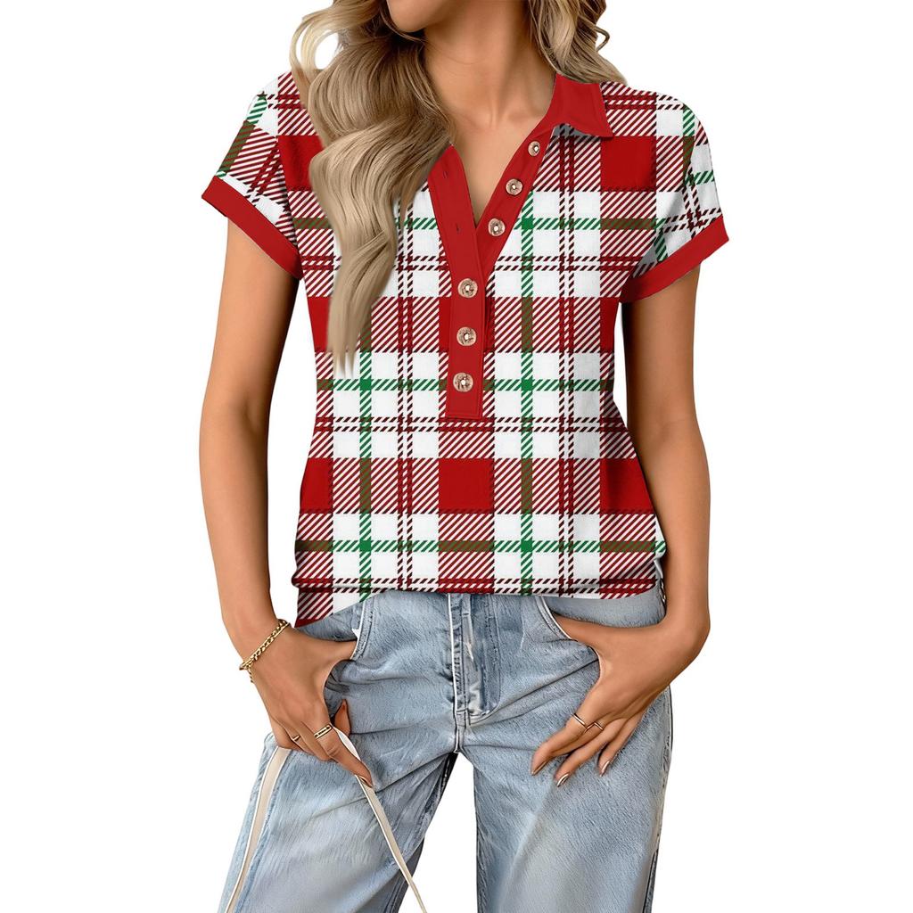 Women's fashionable and casual summer V,neck patchwork short,sleeved plaid print top
