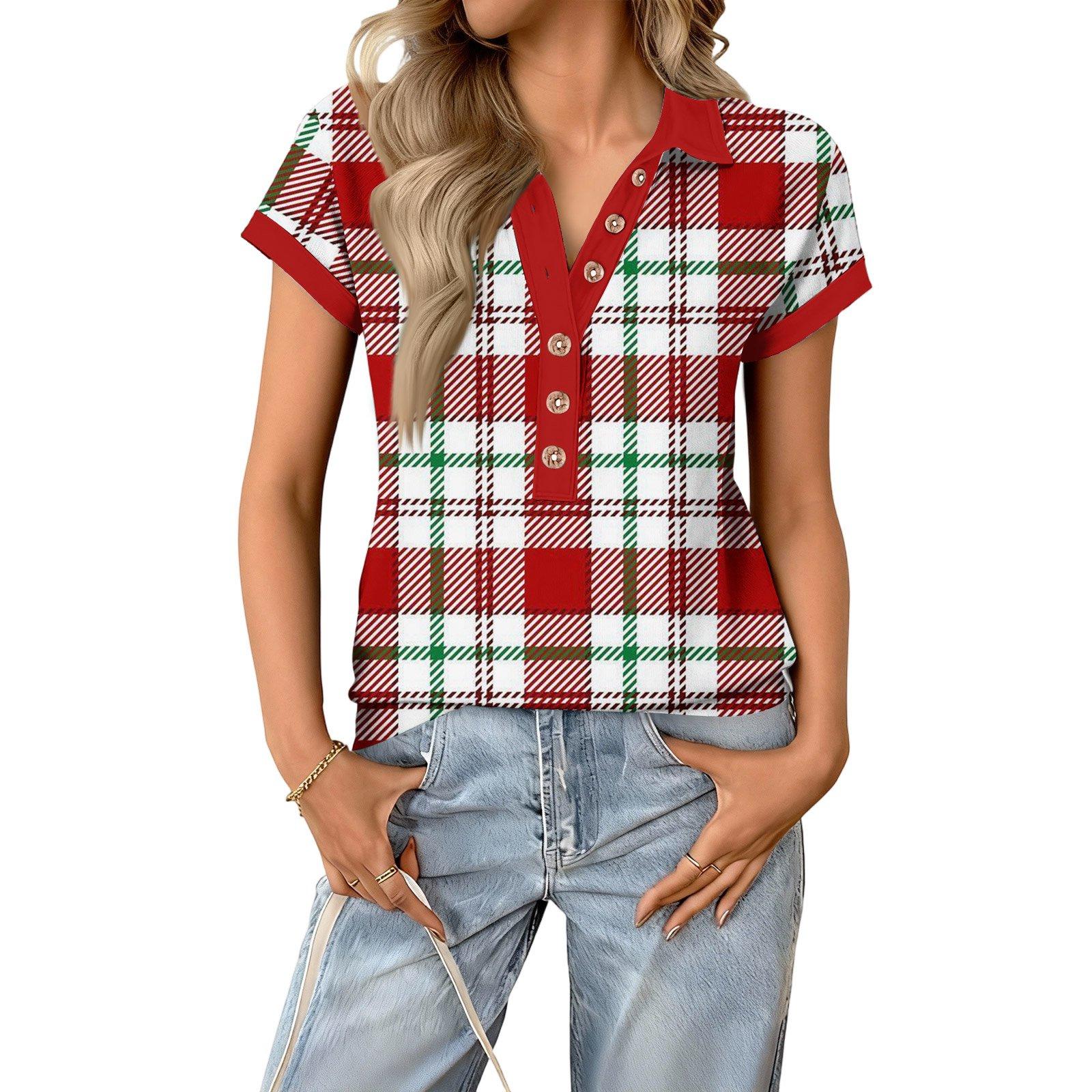 

Women s fashionable and casual summer V,neck patchwork short,sleeved plaid print top XL червоний