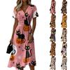 Women's Halloween Print Casual Short Sleeve V Neck Midi Dress with Elastic Waist and Relaxed Fit Suitable for Seasonal Wear