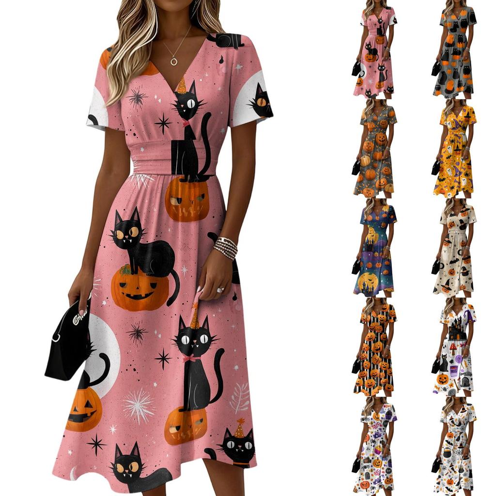 Women's Halloween Print Casual Short Sleeve V Neck Midi Dress with Elastic Waist and Relaxed Fit Suitable for Seasonal Wear