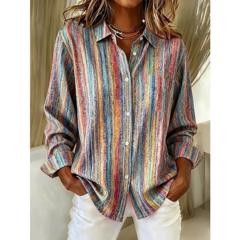 Retro Casual Fashion Textured Striped Print Women'S Plus Size Loose Lightweight Button-Up Long Sleeve Shirt Open Front Top