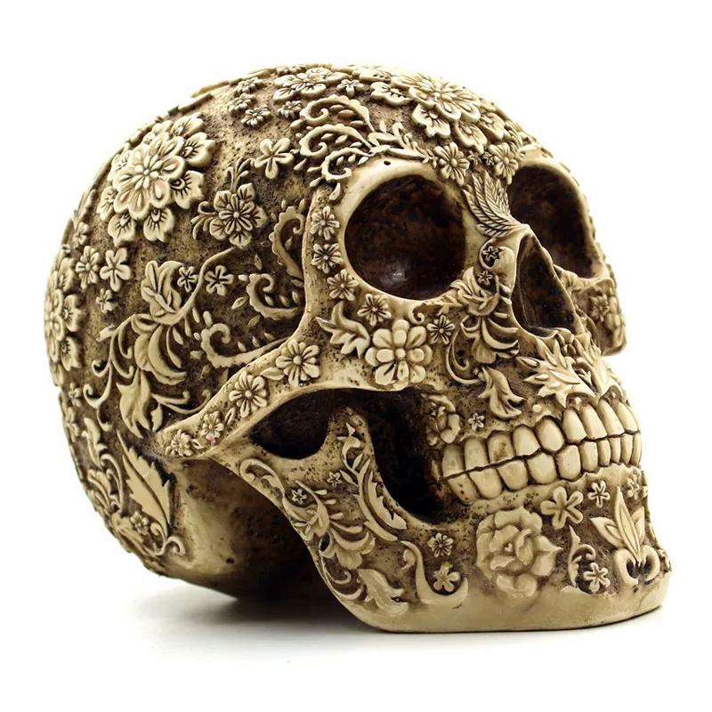 Resin Craft Skull Head Golden Carving Halloween Party Decoration Skull Sculpture Ornaments Home Decoration Accessories
