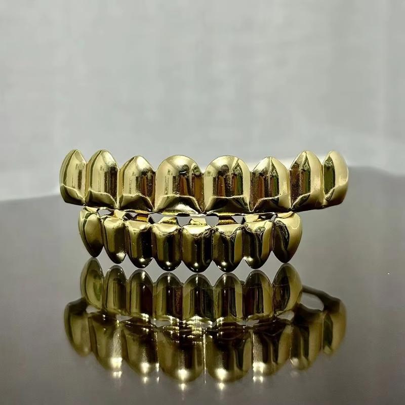 1/2 Pcs Glossy Finish Eco Friendly Copper Top Bottom Teeth Grillz Set Anti Slip Silver Gold Teeth Jewelry Cosplay