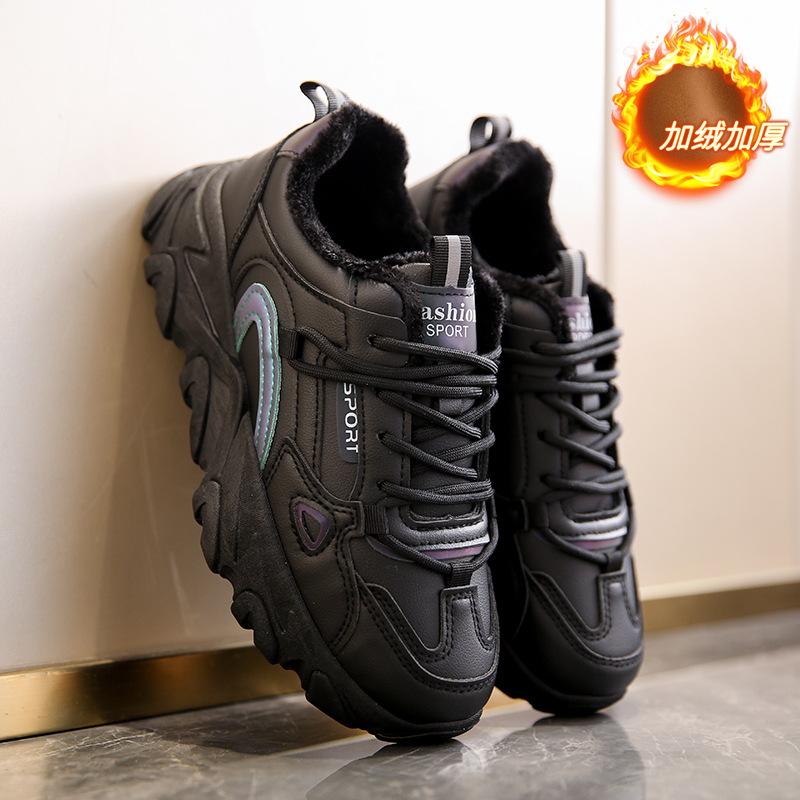 Damenschuhe Herbst und Winter neue Leder-Sneaker modische dicksohlige Samt-Dad-Schuhe trendige warme Freizeitschuhe können