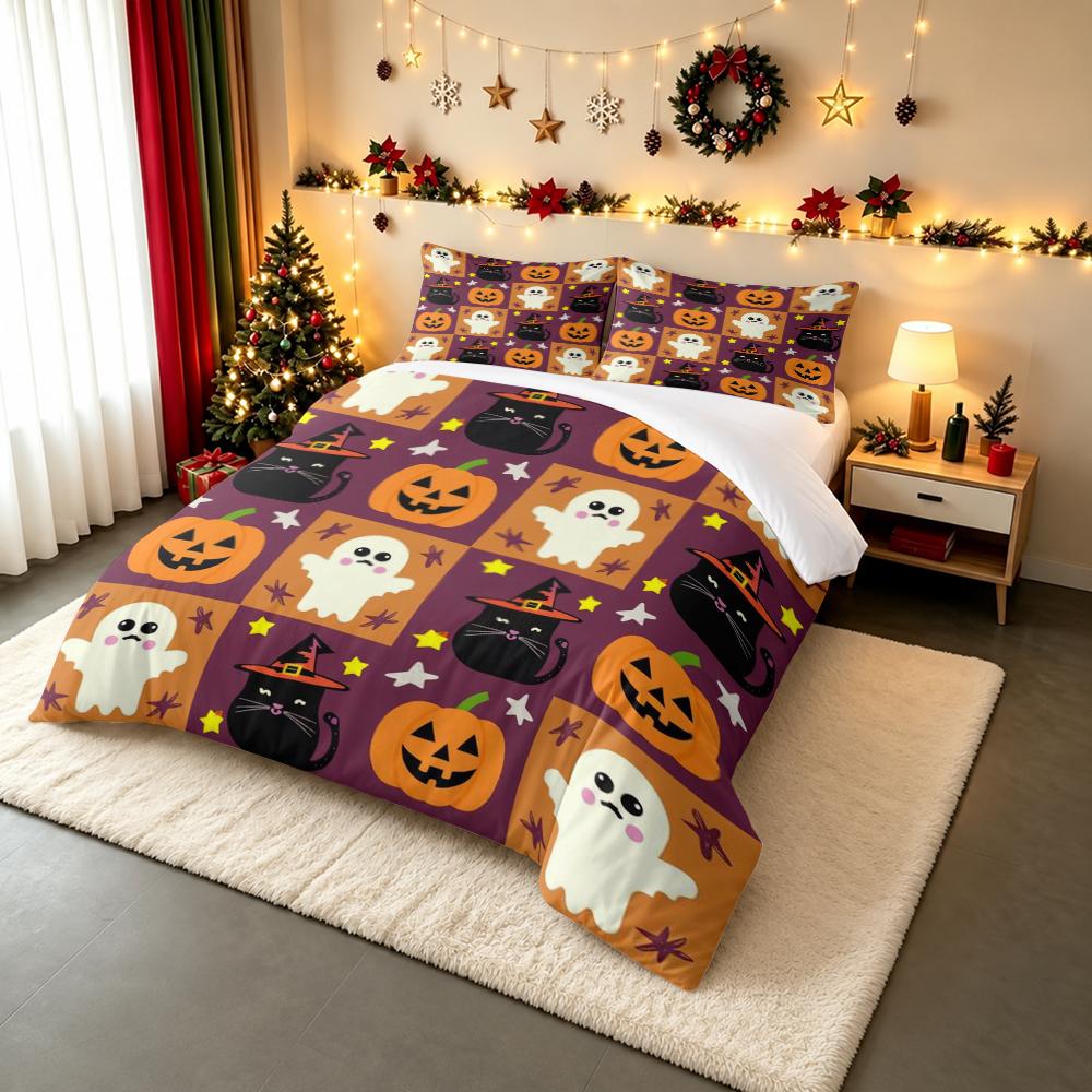 Cute Halloween Ghost Pumpkin Black Cat Bedding set (1 duvet cover, 2 pillowcases, duvet not included), Purple Orange Cartoon Pattern Art Print